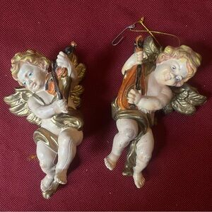 Vintage Hard Plastic Gold and Cream Angel- Cherub Ornaments w/Violin
